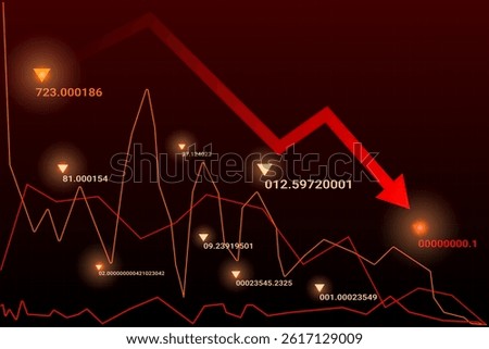 Numbers and arrows dropping across black background represent currency crash and fear. Vector illustration. Concept of inflation surge, panic selling, cost crisis, instability, crash.