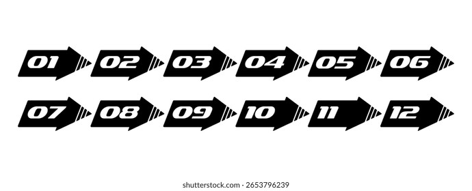 Numbers in arrows icons from 1 to 12 - stylish set of bullets and symbols. Linear and flat variants, typography in vector. White background, editable lines