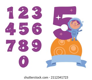 The numbers and astronaut girl are good for a birthday party. The cartoon space is vector illustrations. The cosmic character kid rooms, birthday, party decorations