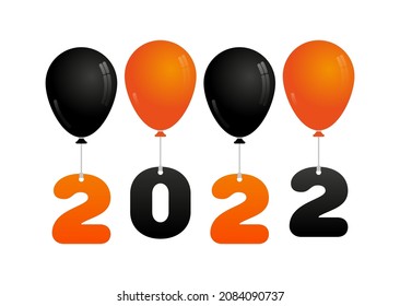 Numbers and balloons in black and orange on a white background. Concept of holiday or new year 2022 