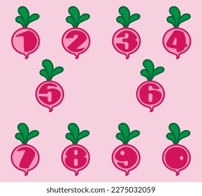 Numbers in beet root shapes. Isolated vector illustration in beet root shapes. Numbers of beet root shapes. Colorful numbers vector alphabet set on beet root shapes