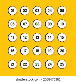 Numbers with black outline on white circles set. Vector illustration. Number bullet points from 1 to 25 isolated on yellow background.