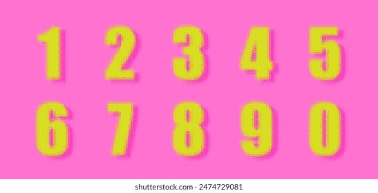 Numbers with blurred edges, fluted glass style. Pixel numbers. Set of bright yellow blurred numbers on pink background. Vector set