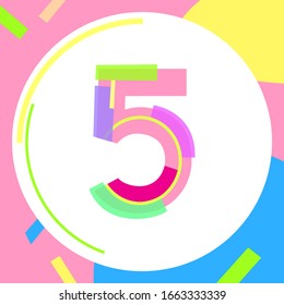 Números líneas brillantes y figuras divertidas dinámicas_5 seguidores aniversario. Elegantes figuras alegres para el diseño de afiches, folletos, pancartas. Publicidad en infografía.