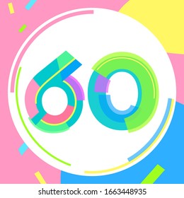 Numbers bright lines and figures funny dynamics_60 anniversary followers. Stylish cheerful figures for the design of posters, booklets, brochures, banners. Infographics advertisement.
