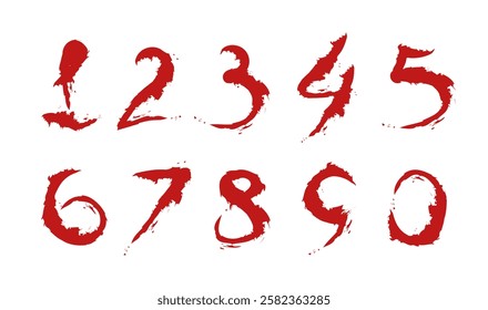 Numbers Brush strokes paint. Set of decorative numbers drawn by hand with ink. Vector set of calligraphic hand written red numbers. Rough brush strokes. Grunge brush drawn numbers from 0 to 9