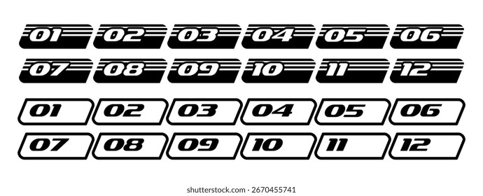 Numbers bullet in arrows icons from 1 to 12 - stylish set of bullets and symbols. Linear and flat variants , typography in vector. White background, editable lines