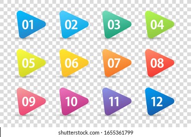 Numbers Bullet Point From 1 To 12 In The Form Of Triangular Arrows. Vector Bullet Points For Infographic Design Or Presentation