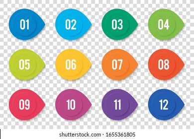 Numbers Bullet Point From 1 To 12 In The Form Of Round Arrows And 3D Effect. Vector Bullet Points For Infographic Design Or Presentation