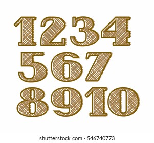 Numbers, burlap, thin contour, color, vector. Colored, flat figures with serifs and subtle contour. Imitation burlap. Textile weave. 
