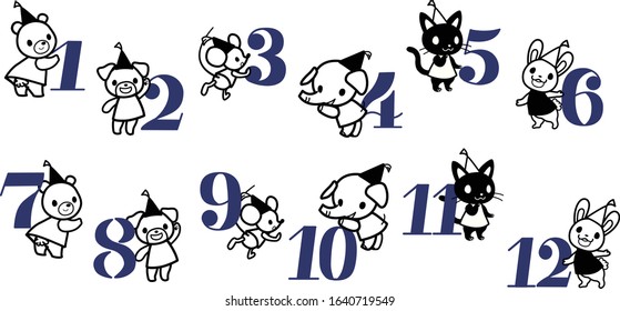 Numbers for calendar with animals