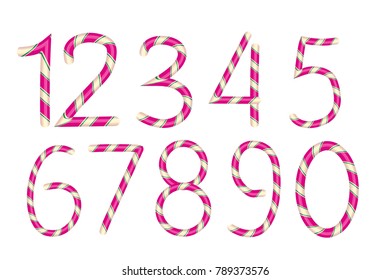 Numbers candy. Christmas alphabet cane. Isolated on white background. Vector illustration