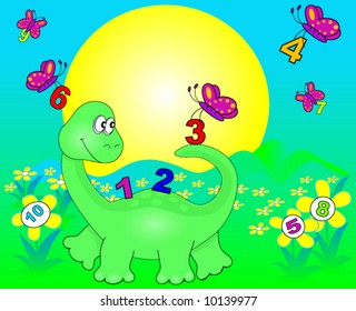 Numbers carried by butterfly to a dinosaur. Space for text on the sun.