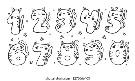 Numbers With Cartoon Cat Character Vector Set. Beautiful element for kids birthday party invitation, greeting card and cake toppers design.