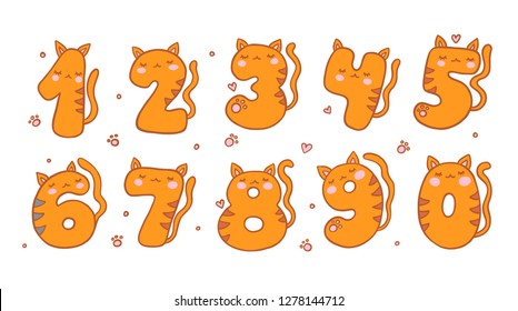 Numbers With Cartoon Cat Character Vector Set. Beautiful element for kids birthday party invitation, greeting card and cake toppers design.