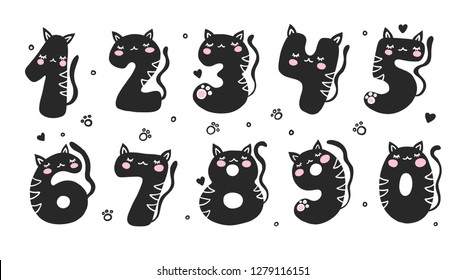 Numbers With Cartoon Cat Character Vector Set. Beautiful element for kids birthday party invitation, greeting card and cake toppers design.