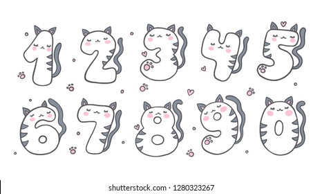 Numbers With Cartoon Cat Character Vector Set. Beautiful element for kids birthday party invitation, greeting card and cake toppers design.