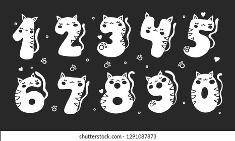 Numbers With Cartoon Cat Character Vector Set. Beautiful element for kids birthday party invitation, greeting card and cake toppers design.