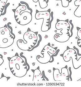 Numbers With Cartoon Cat Vector Seamless Pattern. Beautiful background for kids birthday party invitation, greeting card and cake toppers design.