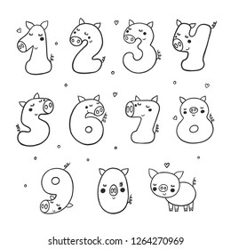 Numbers With Cartoon Pig Character Vector Set. Beautiful element for Kids Birthday Party invitation, greeting card and cake toppers design.