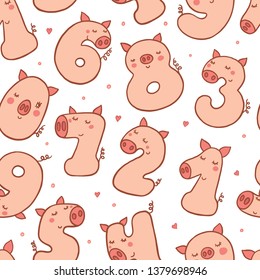 Numbers With Cartoon Pig Seamless Pattern. Beautiful background for Kids Birthday Party invitation, greeting card design.