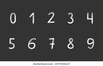 Numbers chalk texture. Set of decorative numbers, children drawing with white chalk on a black board. Vector illustration.                  