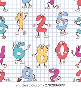 Numbers characters seamless pattern. Funny math symbols, school, preschool childish backdrop. Groovy print template for fabric, cover, wrapping, neoteric vector background
