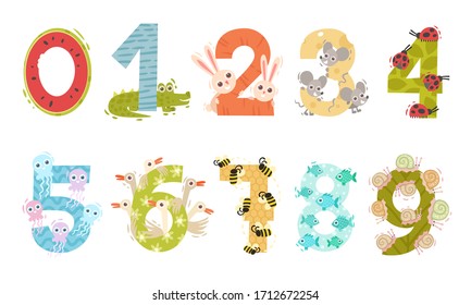 Numbers in Childish Style with Animals and Insects Attached to Each Numeral Vector Set