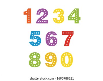numbers for children, from 0 to 9. Kids learning material. Card for learning numbers. Number 0-9. colored numbers in white dots