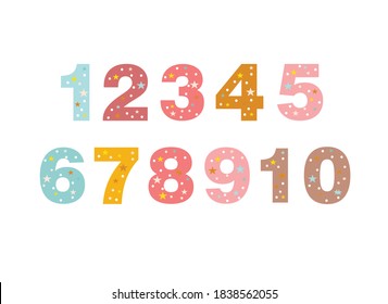 numbers for children, from 1 to 10. Kids learning material. Card for learning numbers. Number 1-10. colored numbers in white dots and stars