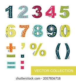 Numbers for children cartoon set. Vector hand-drawn numbers.  Set of letters for your design