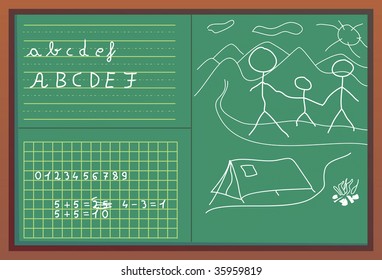 Numbers, children draw and letters written with white chalk on green blackboard with brown frame.