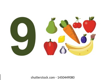 numbers for children with example. Kids learning material. Card for learning numbers. Number 9. fruits and vegetables