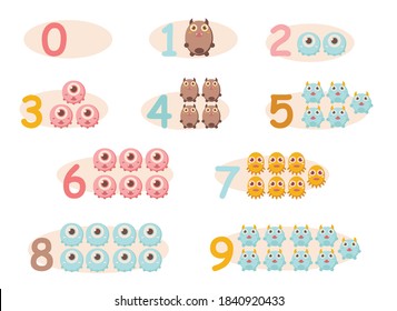 numbers for children with examples (0-9). Kids learning material. Card for learning numbers. Number 0-9. fun colored monsters