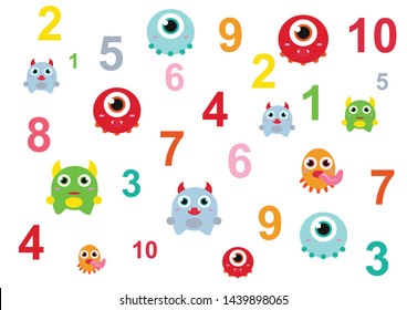 numbers for children with examples, from 1 to 10. Kids learning material. Card for learning numbers. Number 1-10. fun colored monsters