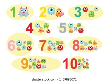 numbers for children with examples, from 1 to 10. Kids learning material. Card for learning numbers. Number 1-10. fun colored monsters