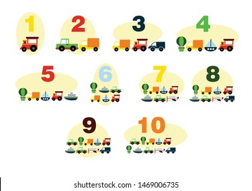 numbers for children with examples, from 1 to 10. Kids learning material. Card for learning numbers. Number 1-10. children's cartoon cars, red train, green balloon, airplane, boats