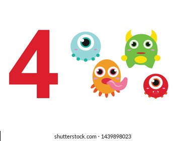 numbers for children with examples. Kids learning material. Card for learning numbers. Number 4. fun colored monsters