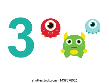 numbers for children with examples. Kids learning material. Card for learning numbers. Number 3. fun colored monsters