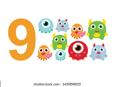 numbers for children with examples. Kids learning material. Card for learning numbers. Number 9. fun colored monsters