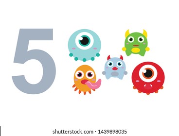 numbers for children with examples. Kids learning material. Card for learning numbers. Number 5. fun colored monsters