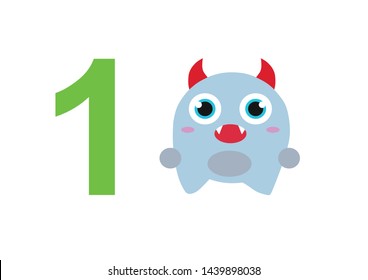 numbers for children with examples. Kids learning material. Card for learning numbers. Number 1. fun colored monsters