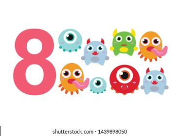 numbers for children with examples. Kids learning material. Card for learning numbers. Number 8. fun colored monsters