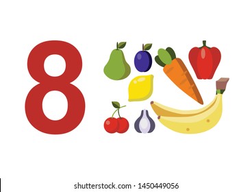 numbers for children with examples. Kids learning material. Card for learning numbers. Number 8. fruits and vegetables