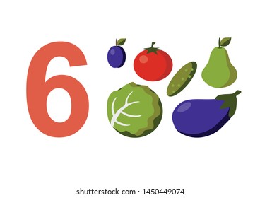 numbers for children with examples. Kids learning material. Card for learning numbers. Number 6. fruits and vegetables