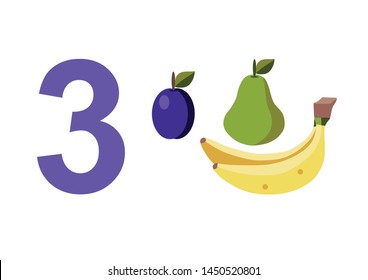 numbers for children with examples. Kids learning material. Card for learning numbers. Number 3. fruits and vegetables