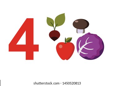 numbers for children with examples. Kids learning material. Card for learning numbers. Number 4. fruits and vegetables