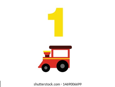 numbers for children with examples. Kids learning material. Card for learning numbers. Number 1. red baby train