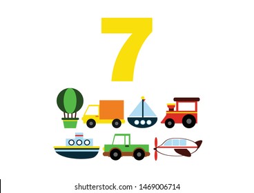 numbers for children with examples. Kids learning material. Card for learning numbers. Number 7. children's cartoon cars, ships, balloon, airplane