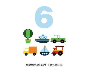 numbers for children with examples. Kids learning material. Card for learning numbers. Number 6. children's cartoon cars, ships, balloon, airplane